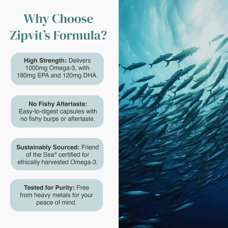 Why Choose Zipvit's Formula infographic with ocean fish image on the right and text panels on the left.