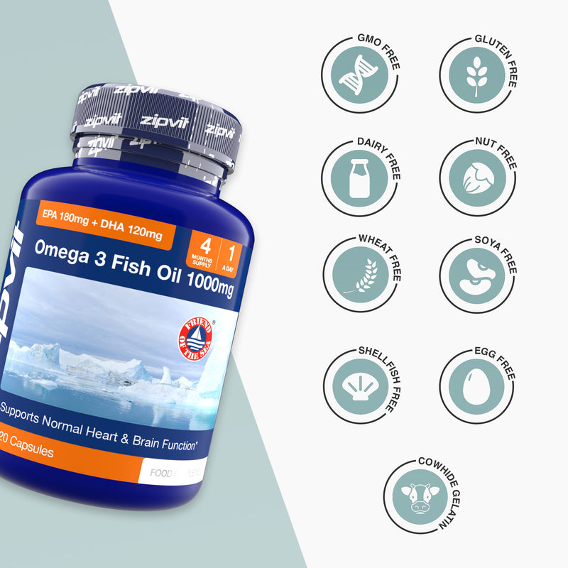 Omega 3 Fish Oils bottle with nine free from icons including GMO free gluten free dairy free nut free wheat free soya free shellfish free egg free and cowhide gelatin.
