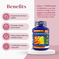 A-Z Complete Multivitamin bottle on a pedestal beside a pink benefits panel.