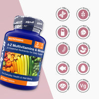 Blue A Z Multivitamins bottle on a pink backdrop with ten dietary icons indicating free from GMO gluten dairy nuts wheat soya fish egg shellfish and vegan.