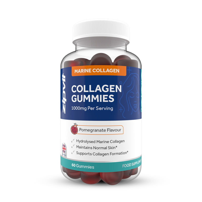 Clear bottle of Marine Collagen Gummies with a white cap and red gummies visible inside; label highlights 1000 mg per serving