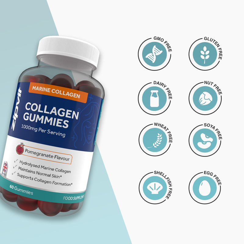Angled bottle of Marine Collagen Gummies with free from icons including GMO Free Gluten Free Dairy Free Nut Free Wheat Free Soya Free Shellfish Free Egg Free