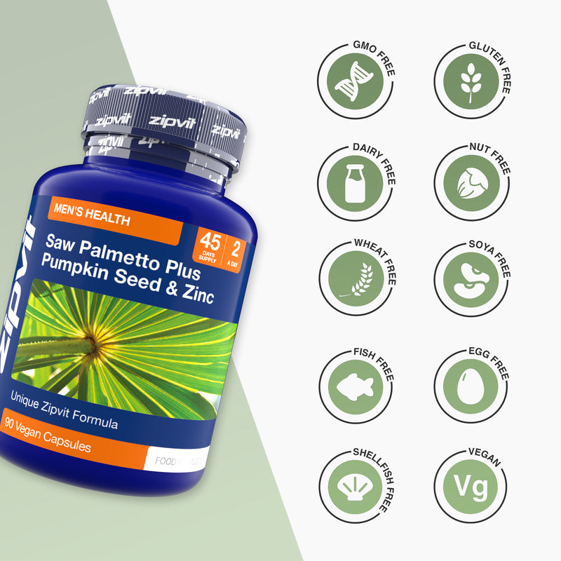 Saw Palmetto Plus Pumpkin Seed and Zinc bottle with ten free from icons on the right