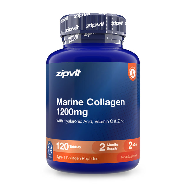 A blue bottle of zipvit Marine Collagen 1200mg dietary supplement, featuring a dark blue label with white text and orange accents, on a solid white background.