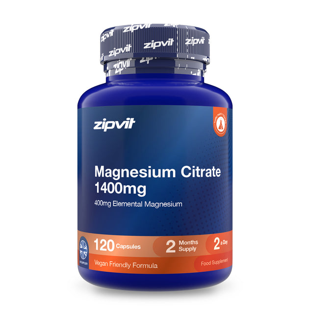 Blue Zipvit bottle of Magnesium Citrate 1400 mg, providing 400 mg elemental magnesium. Contains 120 vegan-friendly capsules, a two-month supply at two capsules per day.