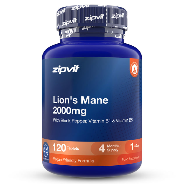 A blue plastic bottle of zipvit Lion's Mane 2000mg dietary supplement, featuring a dark blue label with white text and orange accents, complete with a matching blue cap printed with the zipvit brand name.
