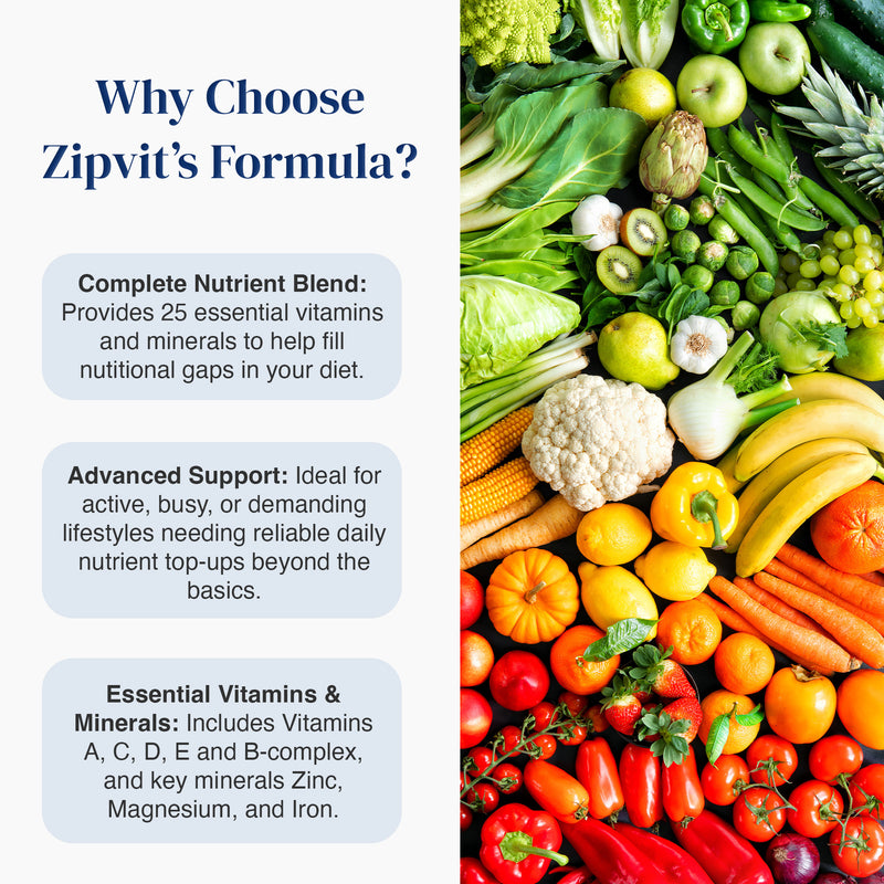 Promotional graphic for Zipvit's Formula showing text on the left and a colorful assortment of fresh fruits and vegetables on the right. The text highlights benefits like a complete nutrient blend, advanced support, and essential vitamins and minerals.