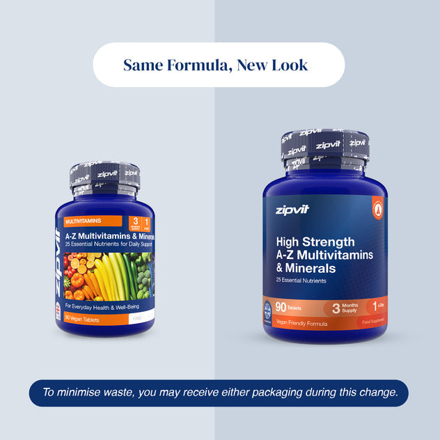 Old and new Zipvit High Strength A–Z Multivitamins and Minerals packaging shown side by side under the heading ‘Same Formula, New Look.’ Both contain 90 vegan tablets with 25 essential nutrients, providing a three-month supply, with a note that either design may be received during the packaging transition.