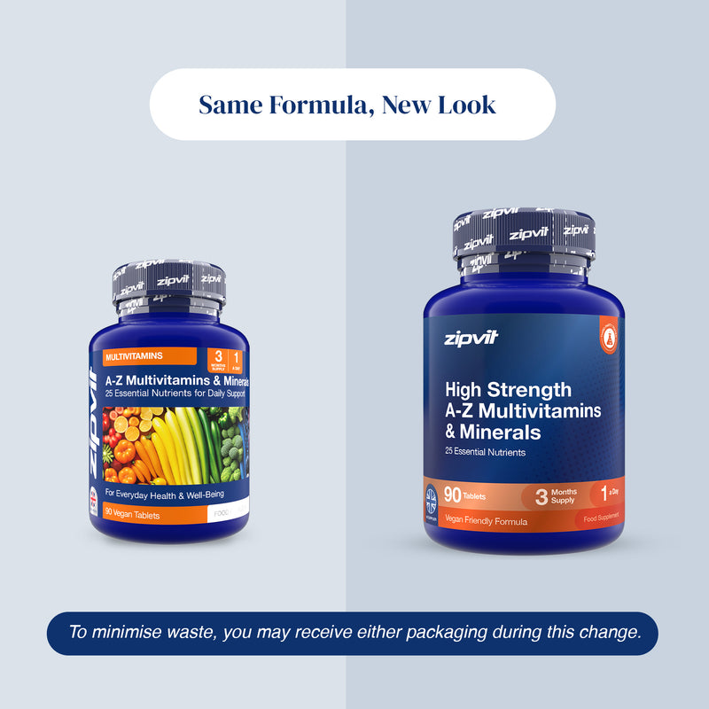 Old and new Zipvit High Strength A–Z Multivitamins and Minerals packaging shown side by side under the heading ‘Same Formula, New Look.’ Both contain 90 vegan tablets with 25 essential nutrients, providing a three-month supply, with a note that either design may be received during the packaging transition.