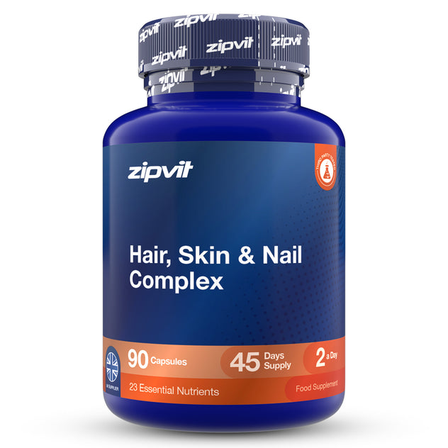 A blue plastic bottle of zipvit Hair, Skin & Nail Complex supplement with a dark blue cap, shown on a white background.