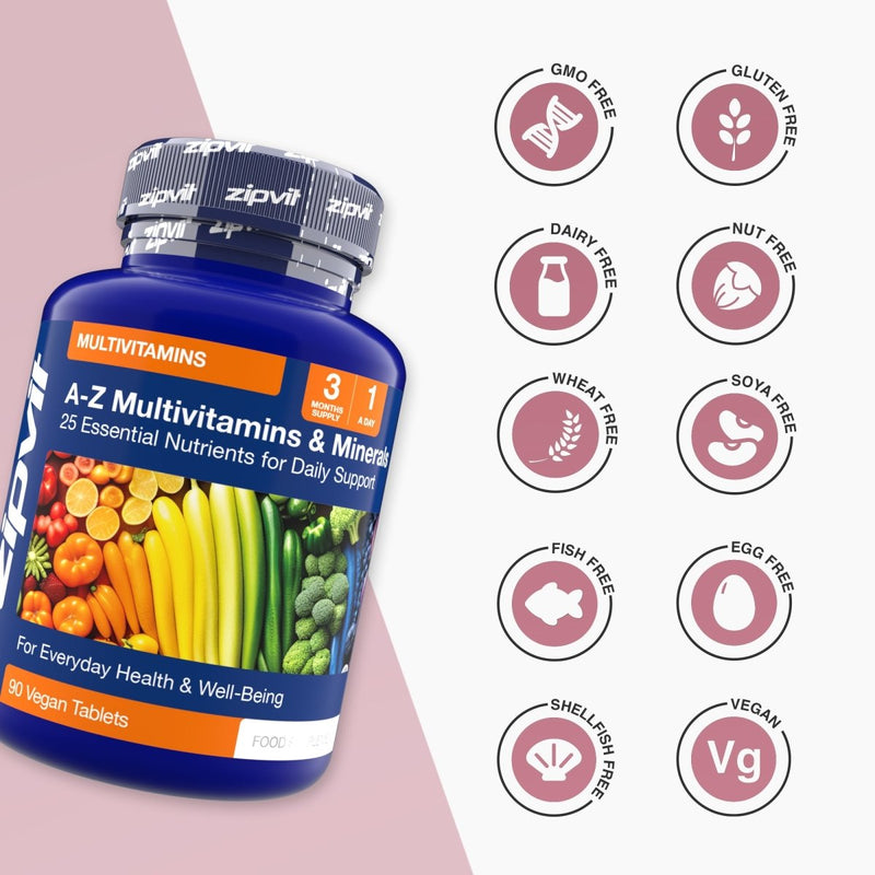 A Z Multivitamins bottle with a colorful produce label and allergen free icons.