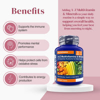 Blue bottle of A Z Multivitamins beside a pink benefits panel listing immune support energy metabolism and protection from oxidative stress