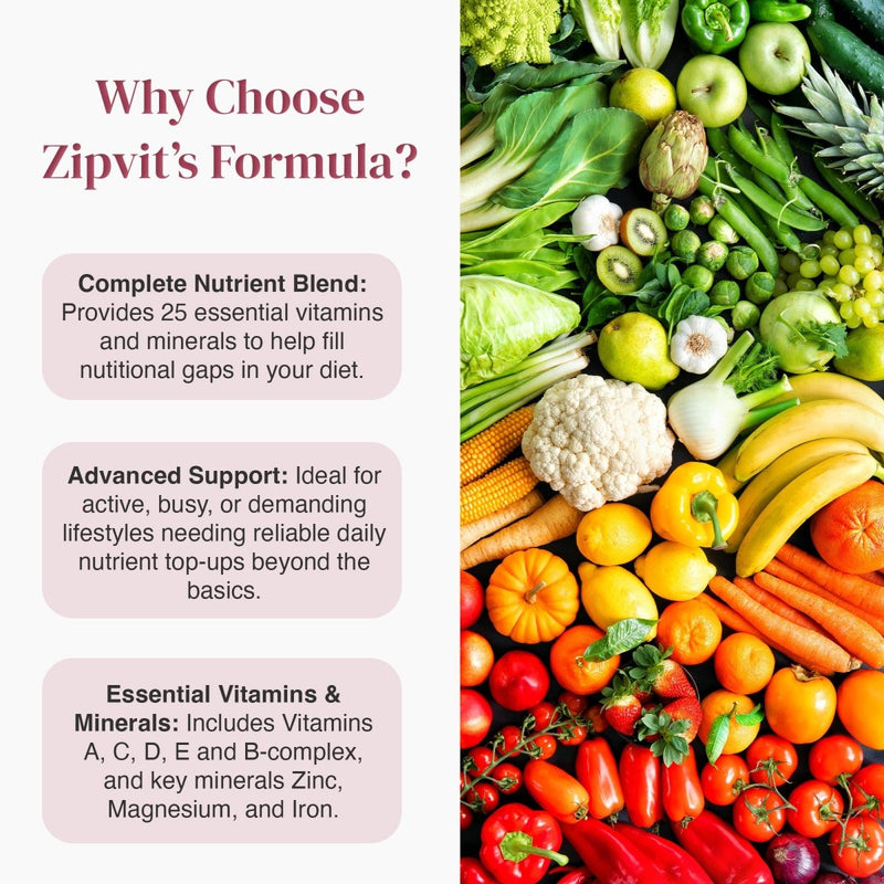 Infographic for A Z Complete Multivitamin showing benefits on the left and a colorful fruit and vegetable collage on the right.