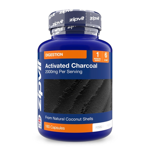 Activated Charcoal supplement bottle labeled 2000mg per serving made from coconut shells