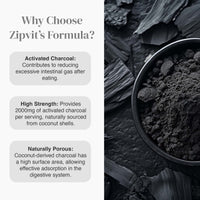 Why Choose Zipvit's Formula infographic with activated charcoal benefits on the left and a charcoal bowl on the right
