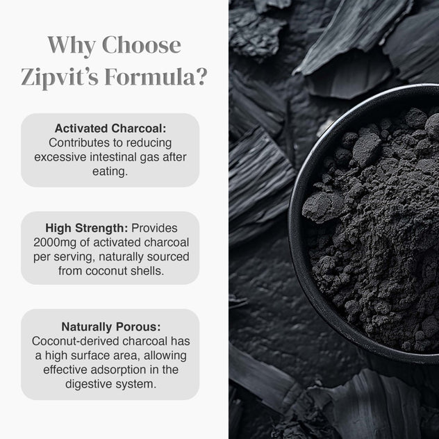 Why Choose Zipvit's Formula infographic with activated charcoal benefits on the left and a charcoal bowl on the right