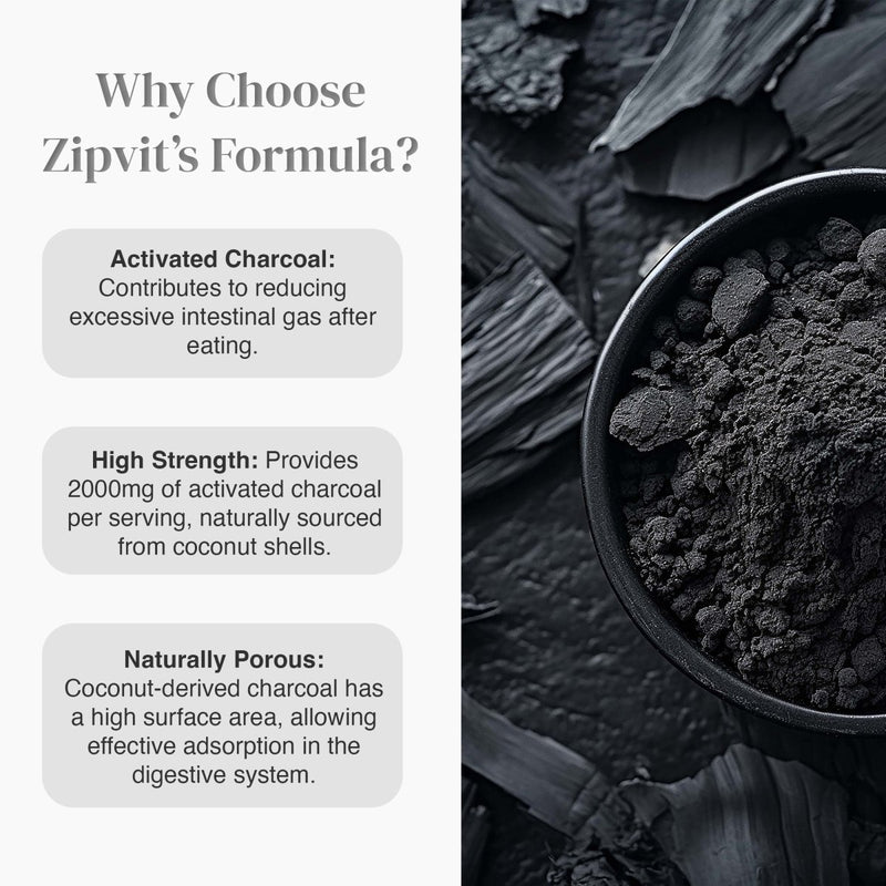 Why Choose Zipvit's Formula infographic with activated charcoal benefits on the left and a charcoal bowl on the right