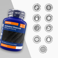 Activated Charcoal 2000mg bottle angled with coconut shell image and a row of allergen free icons on the right
