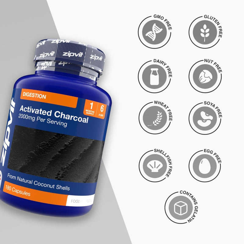 Activated Charcoal 2000mg bottle angled with coconut shell image and a row of allergen free icons on the right