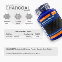 Blue Activated Charcoal 2000mg bottle tilted with nutrition label and icons indicating free from GMO gluten dairy nuts wheat soy shellfish egg gelatin