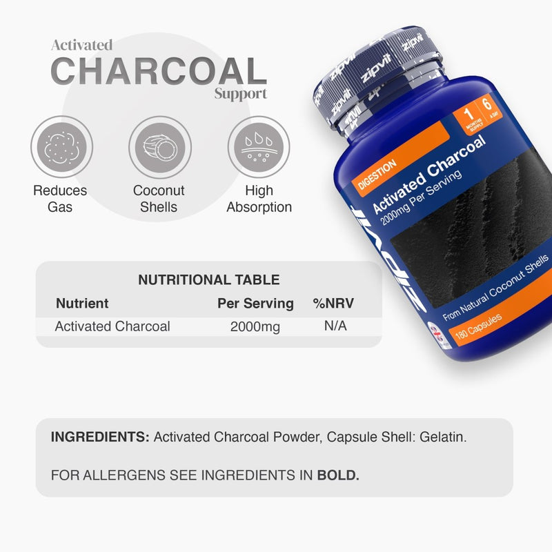 Blue Activated Charcoal 2000mg bottle tilted with nutrition label and icons indicating free from GMO gluten dairy nuts wheat soy shellfish egg gelatin