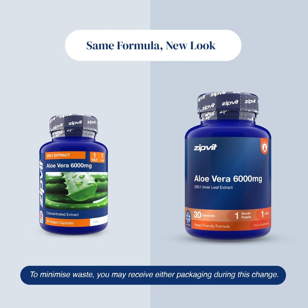 Two blue supplement bottles labeled zipvit Aloe Vera 6000mg shown on a light gray background with text reading 'Same Formula, New Look' and a note about minimizing waste.