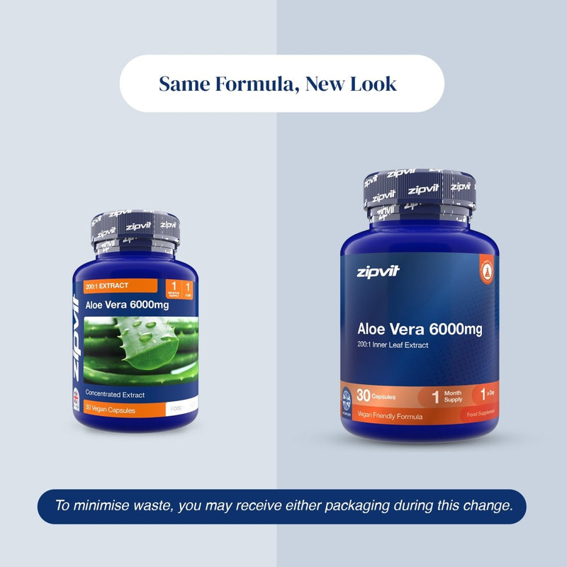 Two blue supplement bottles labeled zipvit Aloe Vera 6000mg shown on a light gray background with text reading 'Same Formula, New Look' and a note about minimizing waste.