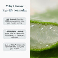 Why Choose Zipvit's Formula infographic featuring high strength concentrated formula and easy to take beside a close up aloe leaf image.