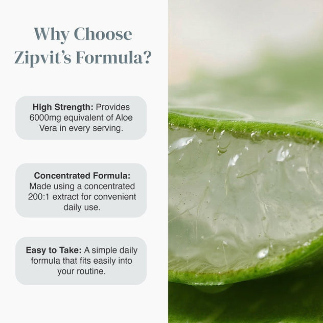 Why Choose Zipvit's Formula infographic featuring high strength concentrated formula and easy to take beside a close up aloe leaf image.