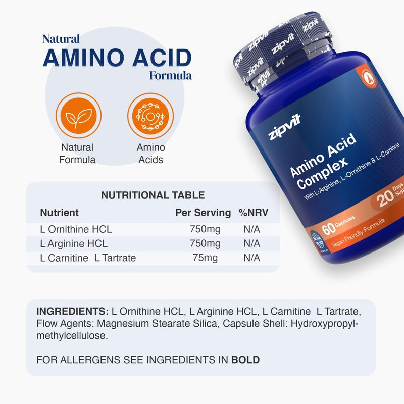 A bottle of zipvit Amino Acid Complex supplement shown on a light gray background with informational text, a nutritional table, and ingredient details. The bottle is dark blue with a black cap and a blue label featuring orange accents.