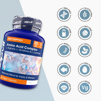 Amino Acid Complex bottle angled with ten circular icons indicating GMO free gluten free dairy free nut free wheat free soya free fish free egg free shellfish free vegan