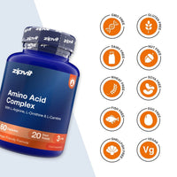 A blue bottle of zipvit Amino Acid Complex supplement shown on a white background with multiple orange circular icons indicating dietary certifications such as GMO Free, Gluten Free, Dairy Free, Nut Free, Wheat Free, Soya Free, Fish Free, Egg Free, Shell-Fish Free, and Vegan.