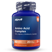 A blue plastic bottle of zipvit Amino Acid Complex dietary supplement with a dark blue cap, white text, and orange accents on a white background.