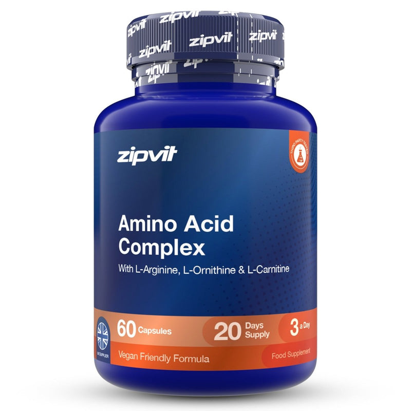 A blue plastic bottle of zipvit Amino Acid Complex dietary supplement with a dark blue cap, white text, and orange accents on a white background.
