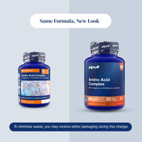Two blue supplement bottles of zipvit Amino Acid Complex shown on a light gray background with promotional text reading 'Same Formula, New Look' and a note about minimizing waste.