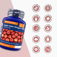 Apple Cider Vinegar 1800mg bottle with ten dietary badges displayed to the right