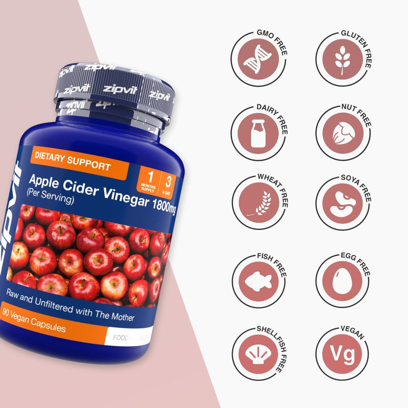Apple Cider Vinegar 1800mg bottle with ten dietary badges displayed to the right