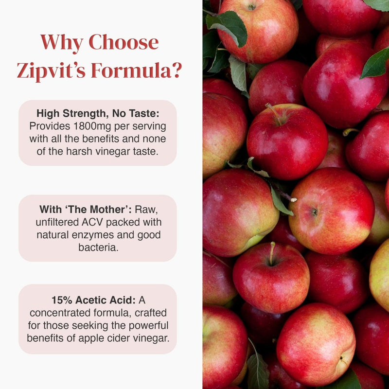 Fresh red apples fill the right side with a left white panel reading Why Choose Zipvit's Formula