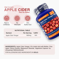 Apple Cider Vinegar 1800mg marketing graphic with a blue bottle and apples