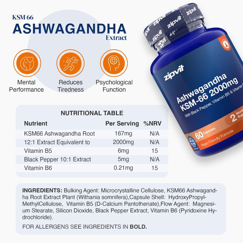 A product information graphic for Zivit KSM-66 Ashwagandha Extract. It features a blue bottle of the supplement on the right, a white and light blue layout on the left with three orange icons for benefits (Mental Performance, Reduces Tirelessness, Psychological Function), a detailed Nutritional Table, and an Ingredients list at the bottom.