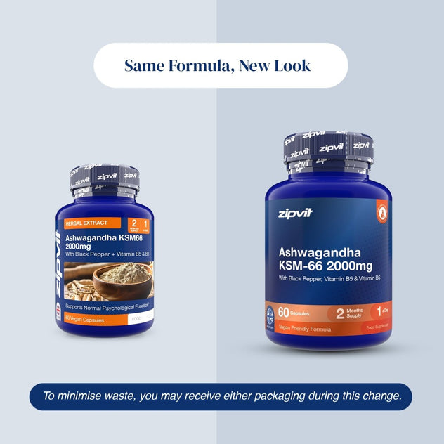 Two supplement bottles of zipvit Ashwagandha KSM-66 2000mg on a split light blue and white background with text reading 'Same Formula, New Look' and a note about minimizing waste.