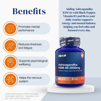 A supplement bottle labeled zipvit Ashwagandha KSM-66 2000mg displayed on a white pedestal, with a light blue background and infographic-style benefit callouts on the left. The bottle is blue with orange and white label accents, and the text describes benefits such as promoting mental performance, reducing fatigue, supporting psychological wellbeing, and helping the nervous system.