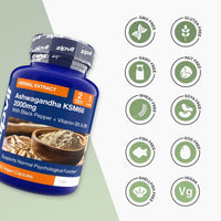 Blue Ashwagandha KSM66 2000mg bottle with vegan capsules and absorption icons on the right