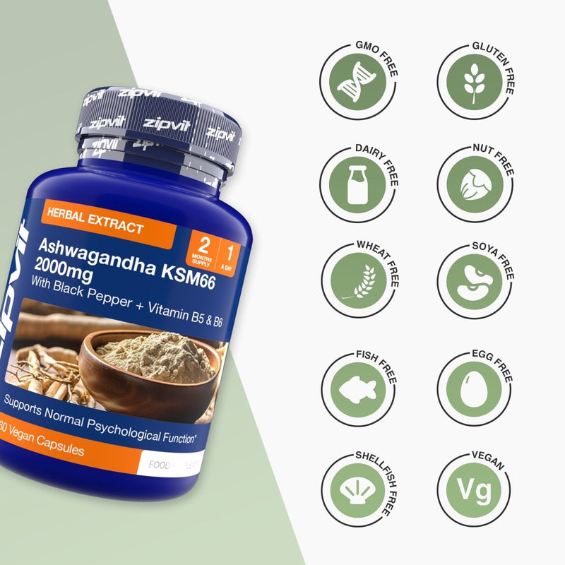 Blue Ashwagandha KSM66 2000mg bottle with vegan capsules and absorption icons on the right