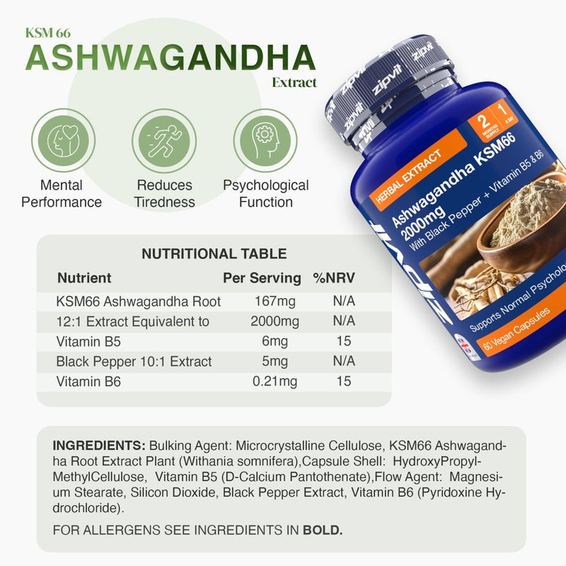 Ashwagandha KSM66 2000mg bottle tilted on the right with three benefit icons and a nutrition table on the left.