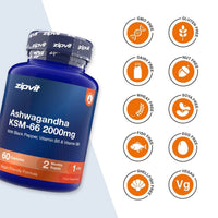 A blue bottle of zipvit Ashwagandha KSM-66 2000mg capsules shown on a white background with a column of orange circular icons indicating dietary and allergen claims such as GMO Free, Gluten Free, Dairy Free, Nut Free, Wheat Free, Soya Free, Fish Free, Egg Free, Shell & Fish Free, and Vegan.
