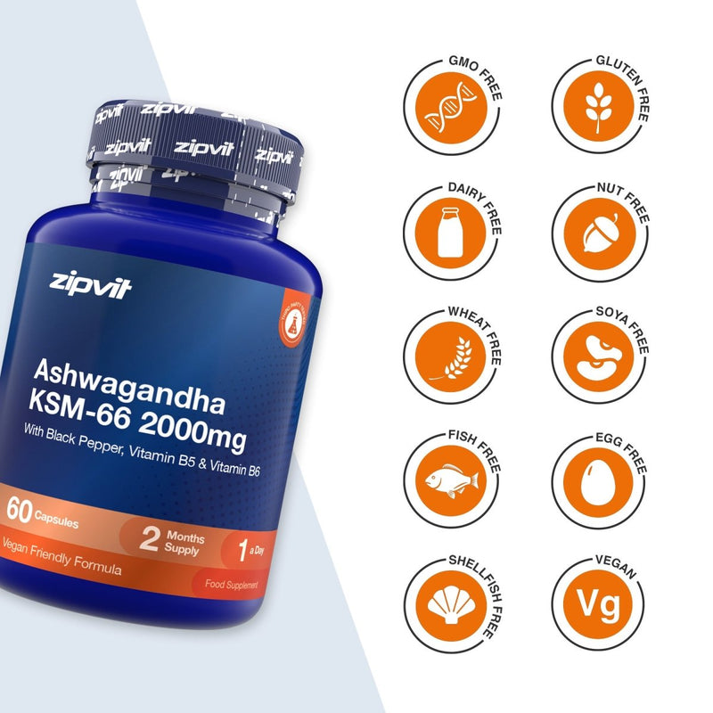 A blue bottle of zipvit Ashwagandha KSM-66 2000mg capsules shown on a white background with a column of orange circular icons indicating dietary and allergen claims such as GMO Free, Gluten Free, Dairy Free, Nut Free, Wheat Free, Soya Free, Fish Free, Egg Free, Shell & Fish Free, and Vegan.