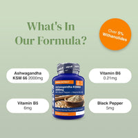 Ashwagandha KSM66 2000mg bottle flanked by panels listing B5 B6 and Black Pepper with vegan capsules