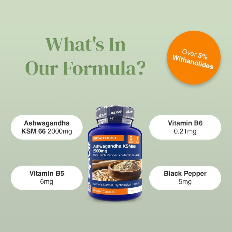 Ashwagandha KSM66 2000mg bottle flanked by panels listing B5 B6 and Black Pepper with vegan capsules