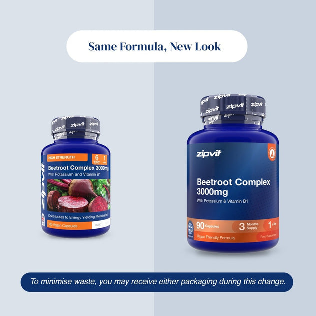 Old and new Zipvit Beetroot Complex 3000 mg packaging shown side by side under the heading ‘Same Formula, New Look,’ with a note that either design may be received during the transition.